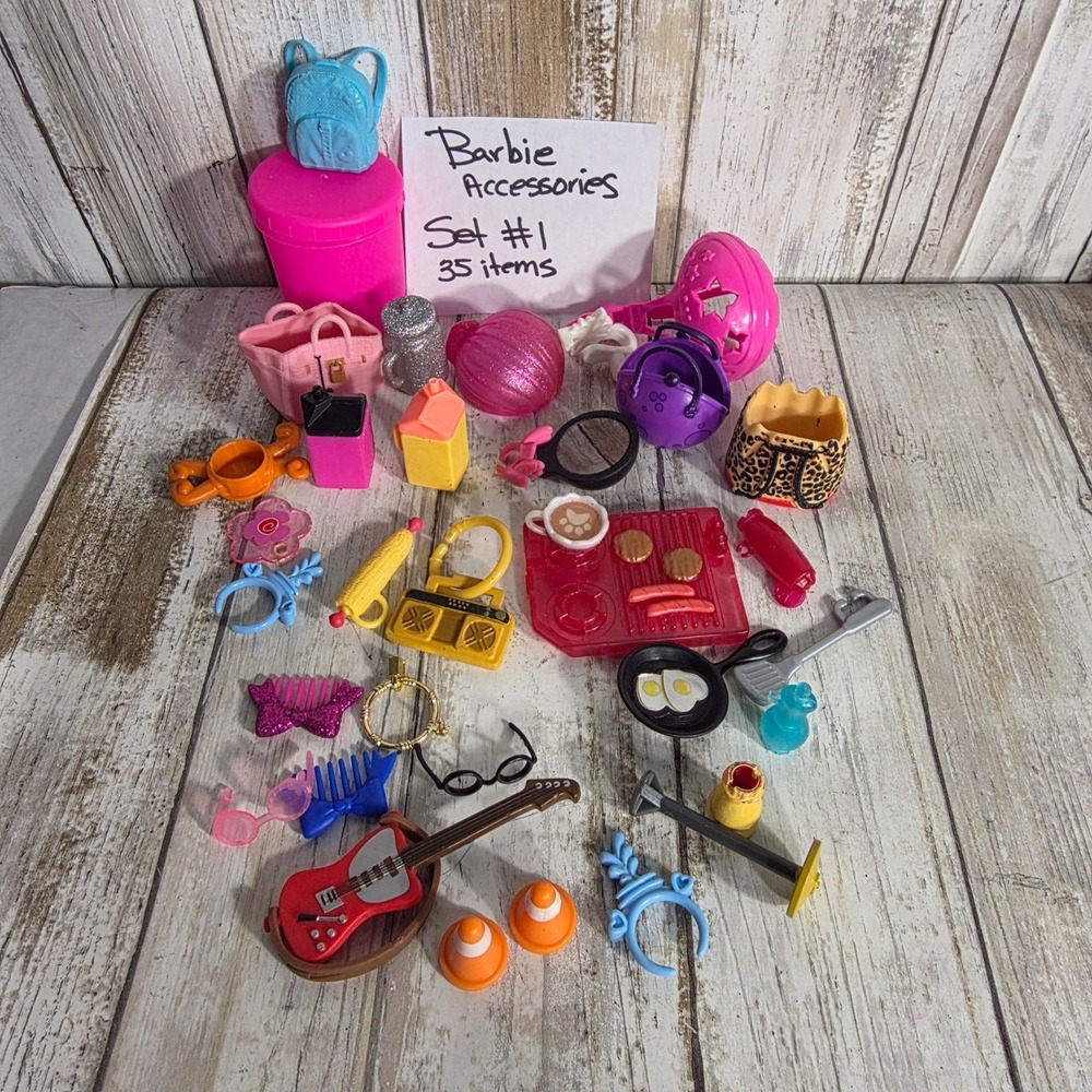 Mattel Barbie Doll Accessories Lot 35pc Guitar Handbags Kitchen Food Music Set